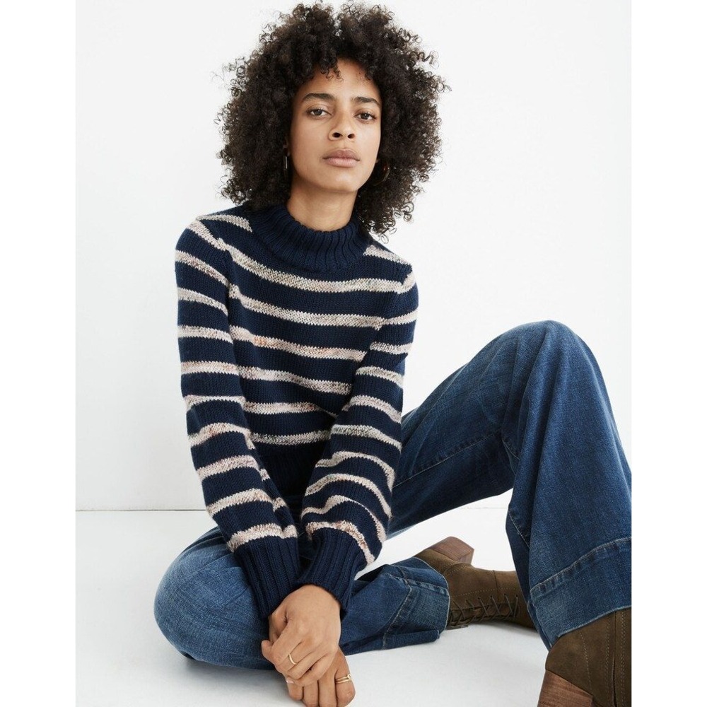 Madewell Wool Blend Fisherman Sweater Womens S Navy Blue Nautical Stripe Preppy